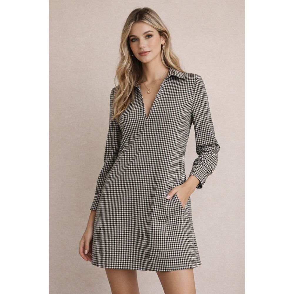 Zara Women's Black/White Check Long Sleeve Mini Dress V-Neck ‎ Pockets Size XS